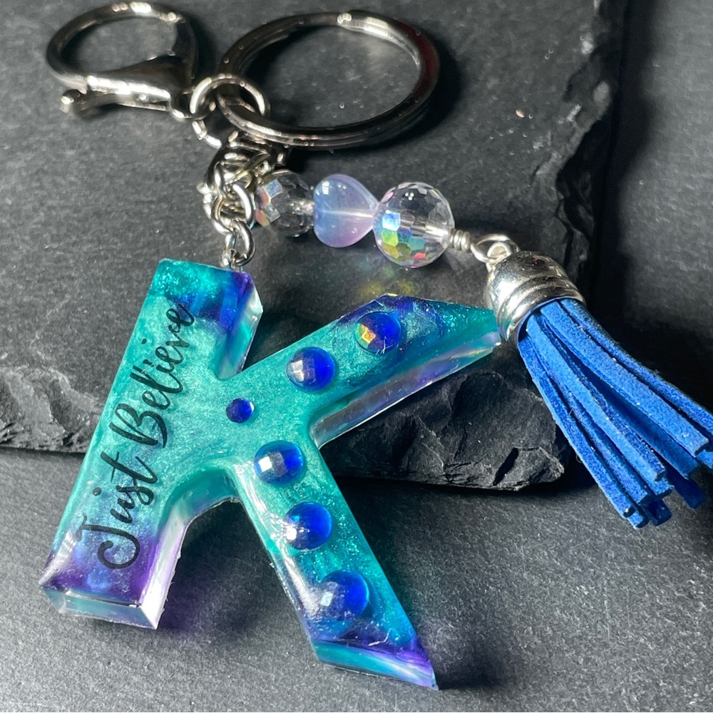 Custom Made Hand Crafted Letter K Keychain -Blue and Purple - Picture 3 of 8